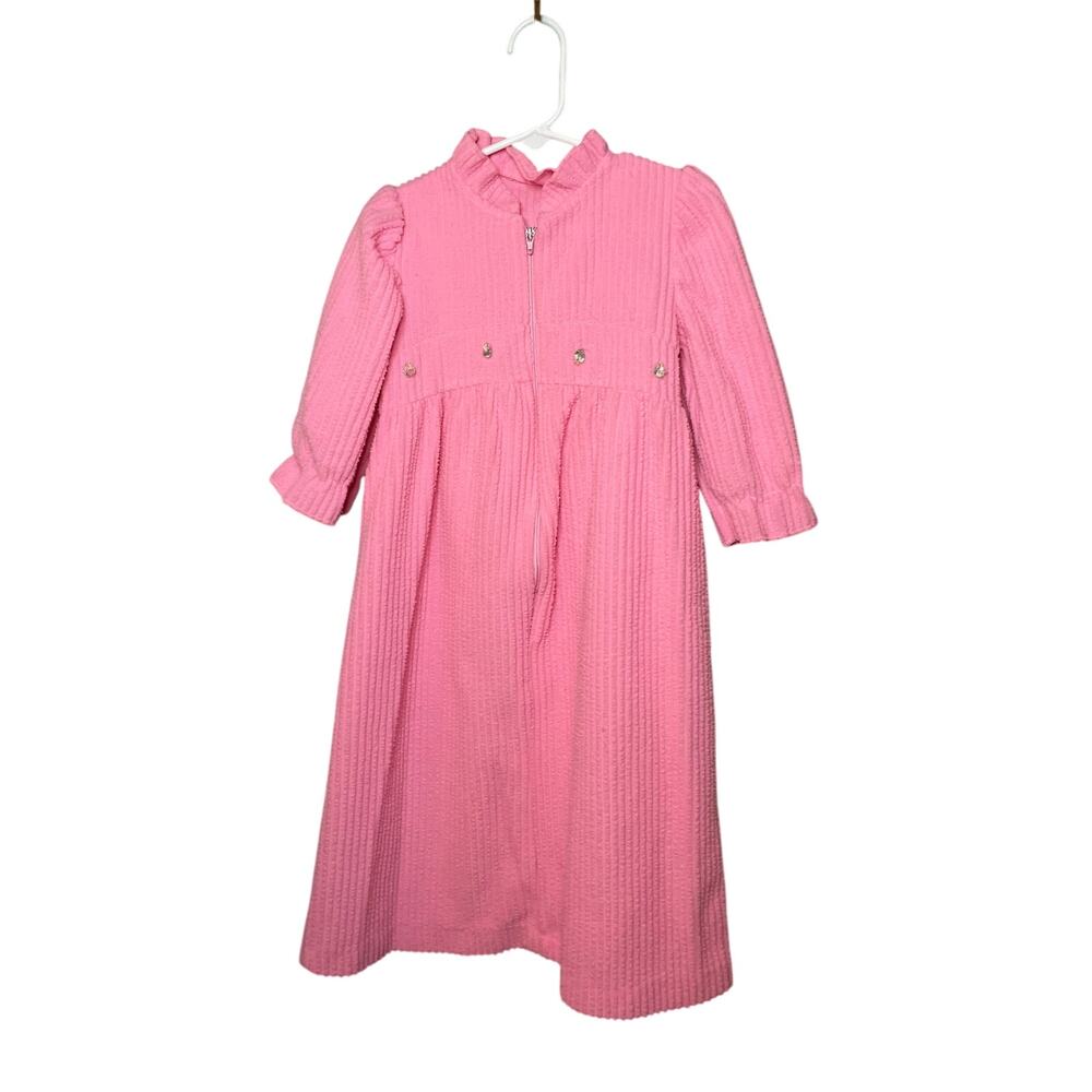 Vintage Pink Ribbed Zipper Robe with Flower Appliques